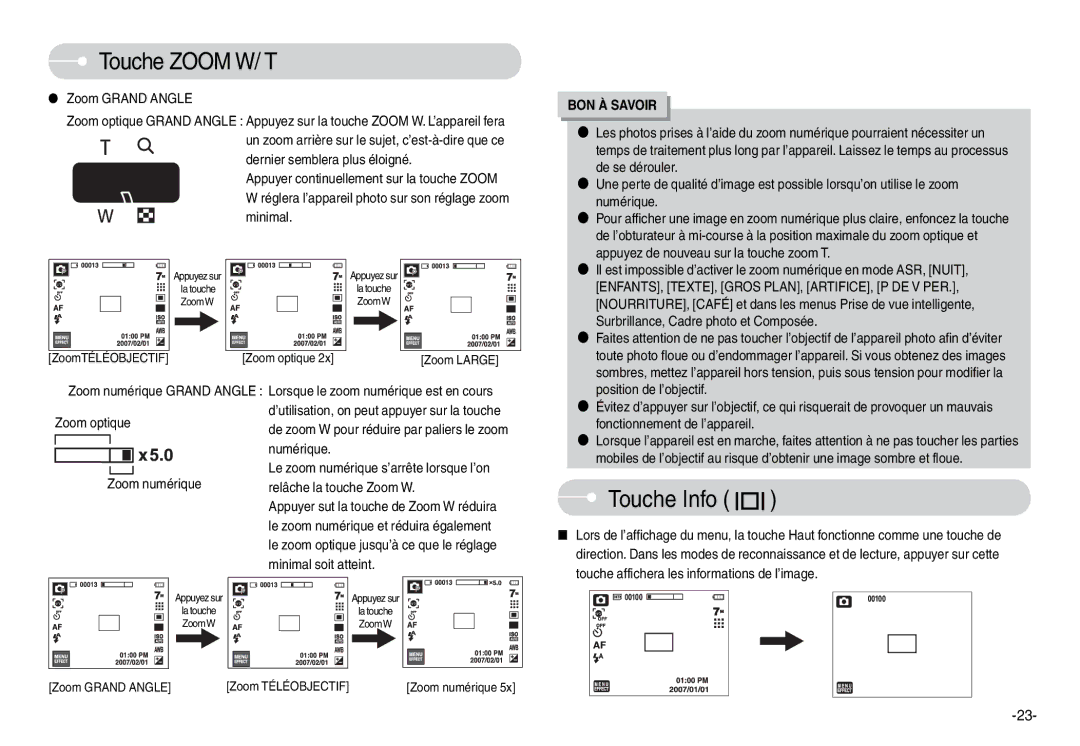 Samsung EC-L74WZBBA/DE, EC-L74WZSBA/FR, EC-L74WZSBA/DE, EC-L74WZSBA/E3, EC-L74WZSBA/E1, EC-L74WZBBA/E1 manual Touche Info 