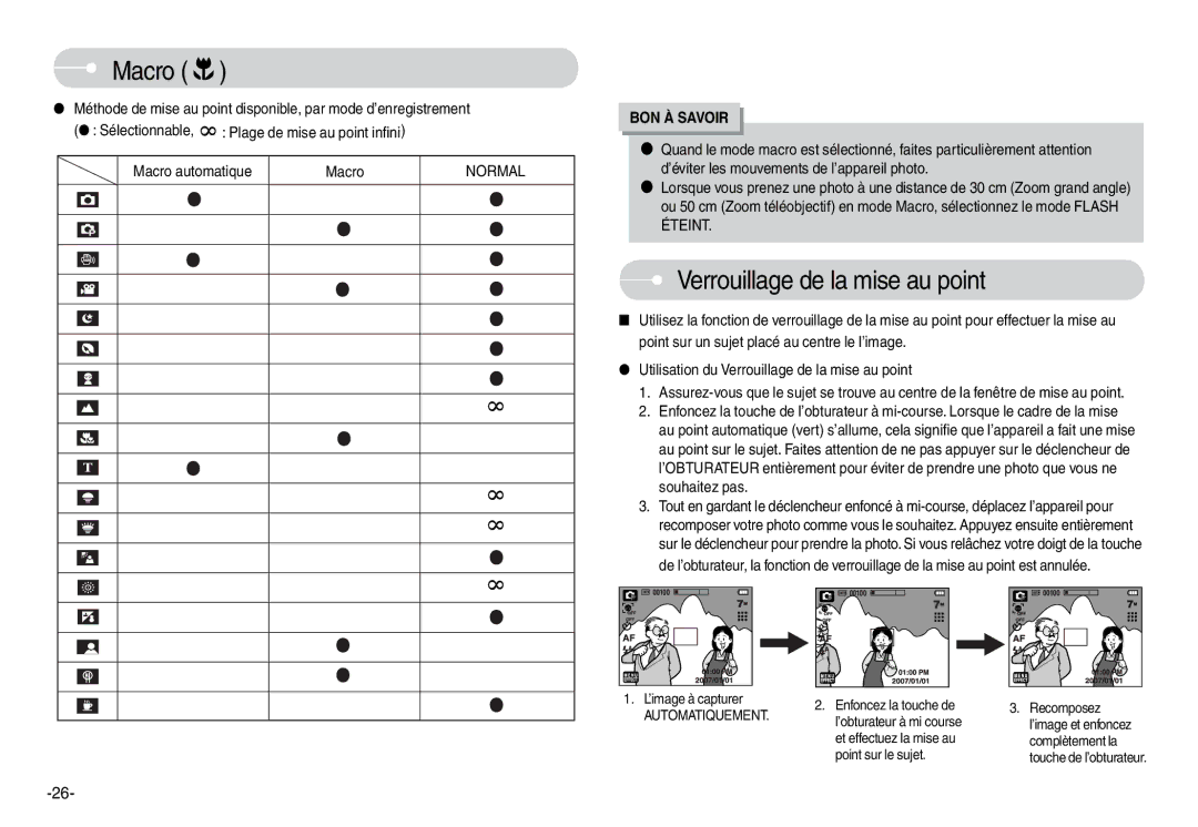 Samsung EC-L74WZBBA/FR, EC-L74WZSBA/FR, EC-L74WZSBA/DE, EC-L74WZSBA/E3 manual Verrouillage de la mise au point, Normal, Éteint 