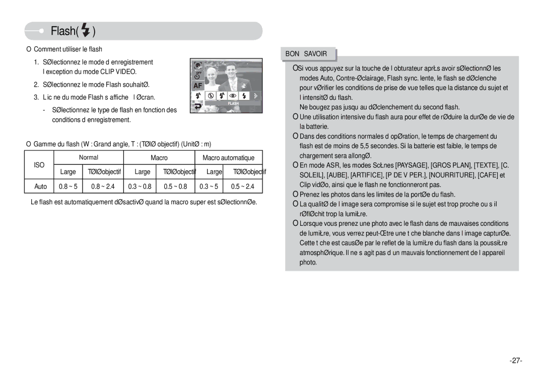 Samsung EC-L74WZBBB/FR manual Flash, Comment utiliser le flash, Gamme du flash W Grand angle, T Télé objectif Unité m, Auto 