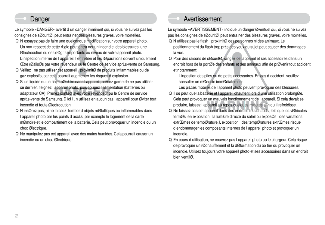 Samsung EC-L74WZSBA/E1, EC-L74WZSBA/FR, EC-L74WZSBA/DE, EC-L74WZSBA/E3, EC-L74WZBBA/DE, EC-L74WZBBA/E1 manual Avertissement 