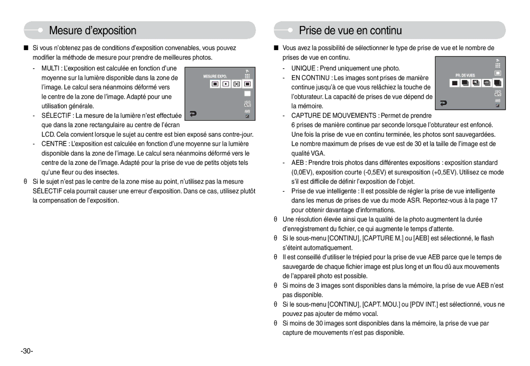 Samsung EC-L74WZSBA/DE Mesure d’exposition, Prise de vue en continu, Multi L’exposition est calculée en fonction d’une 