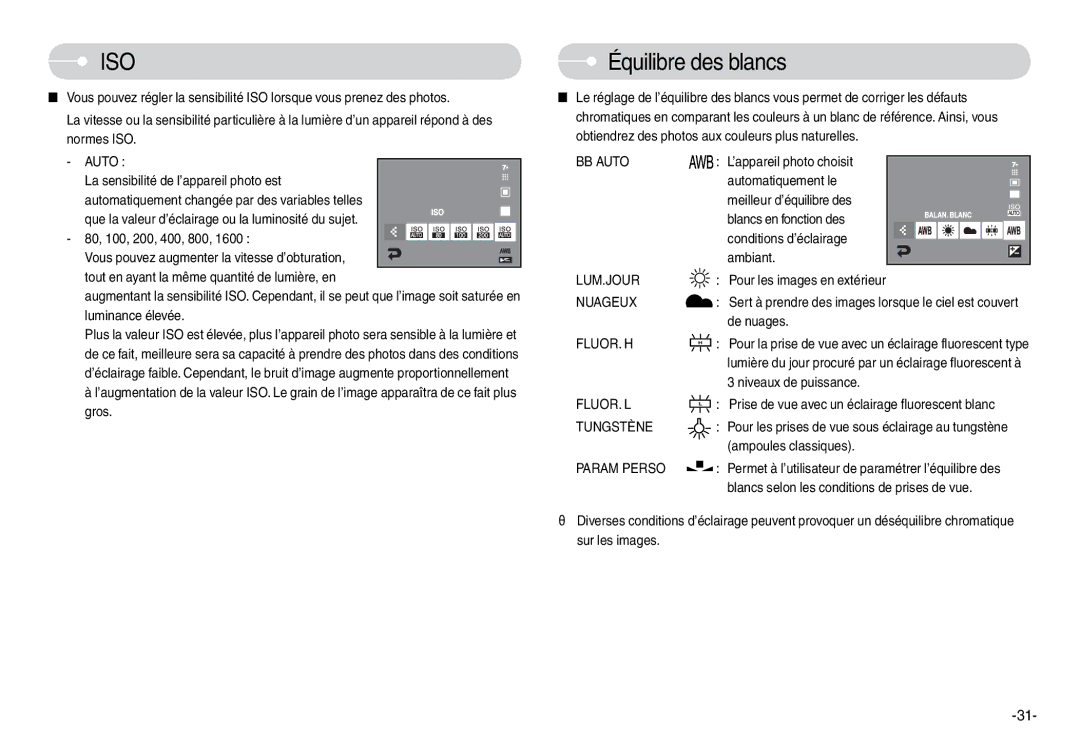 Samsung EC-L74WZSBA/E3, EC-L74WZSBA/FR, EC-L74WZSBA/DE, EC-L74WZSBA/E1, EC-L74WZBBA/DE, EC-L74WZBBA/E1 Équilibre des blancs 