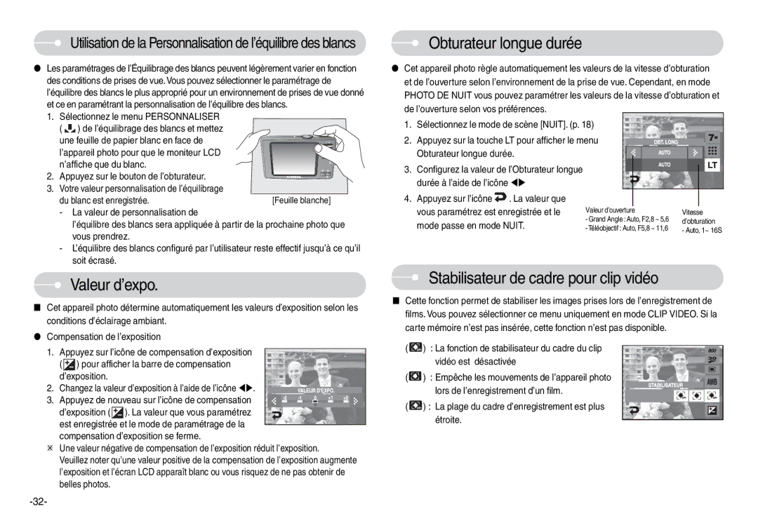 Samsung EC-L74WZSBA/E1, EC-L74WZSBA/FR manual Obturateur longue durée, Valeur d’expo, Stabilisateur de cadre pour clip vidéo 