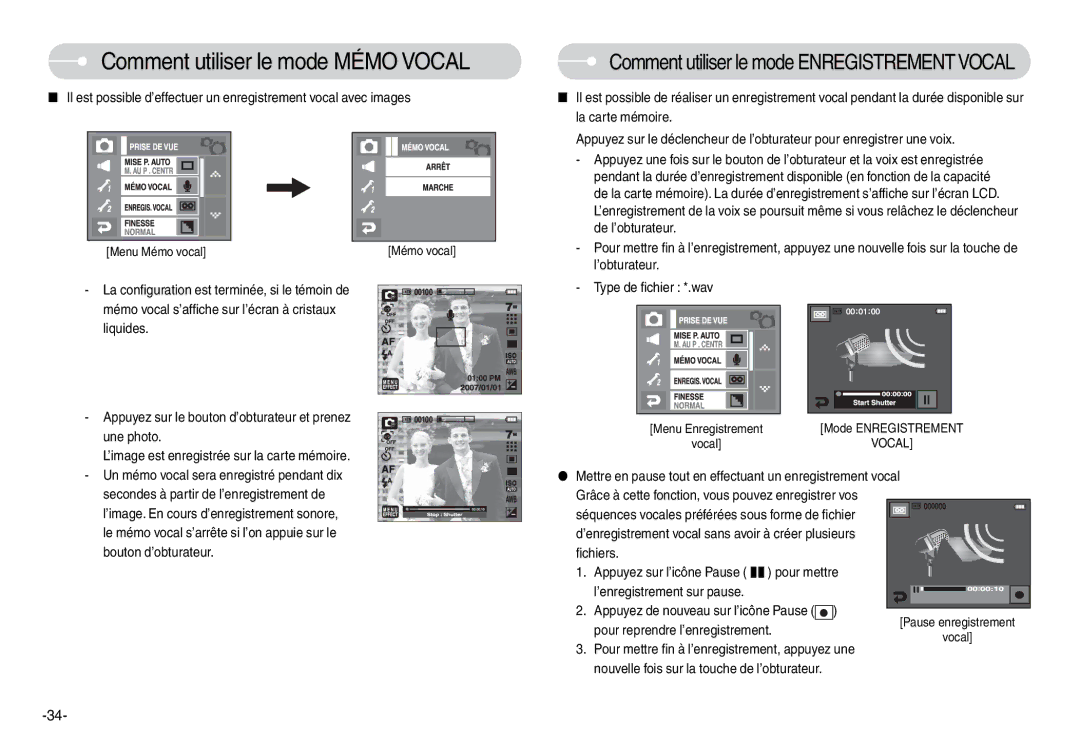 Samsung EC-L74WZBBA/E1, EC-L74WZSBA/FR Comment utiliser le mode Mémo Vocal, Comment utiliser le mode Enregistrement Vocal 