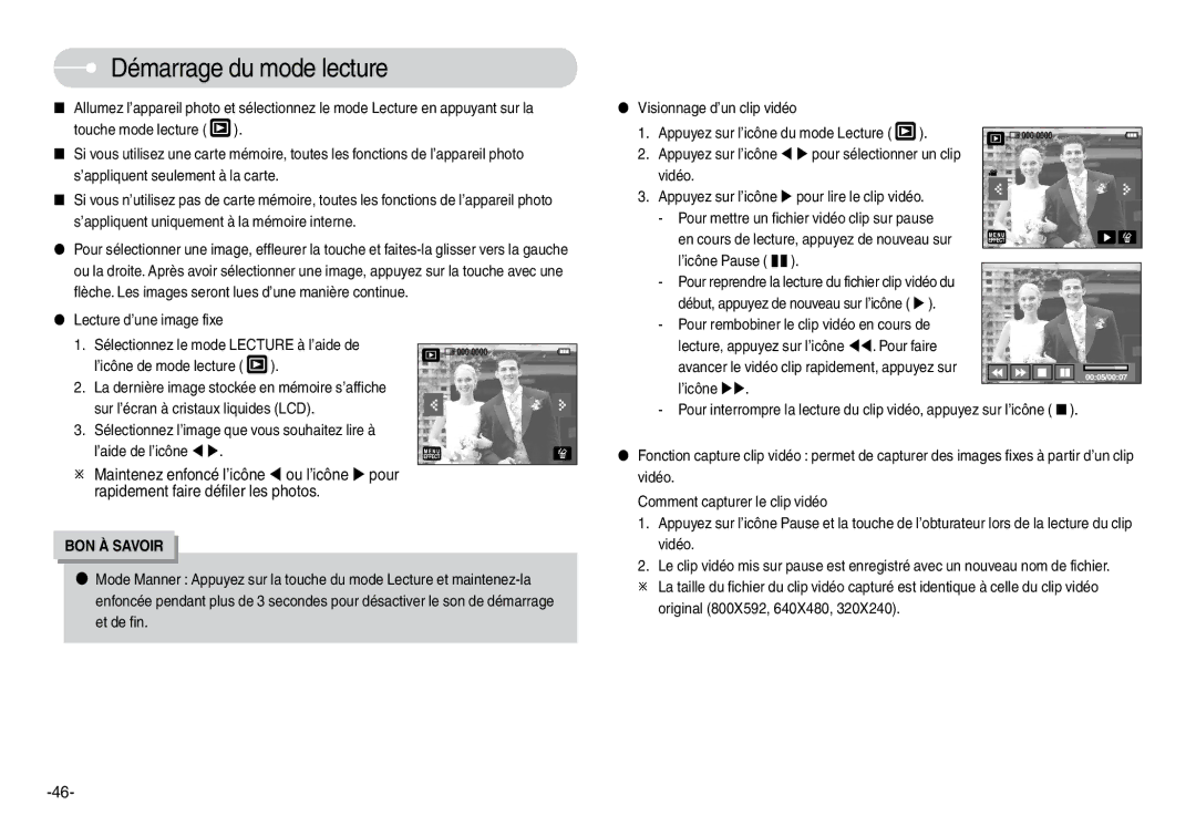 Samsung EC-L74WZBBA/FR, EC-L74WZSBA/FR, EC-L74WZSBA/DE, EC-L74WZSBA/E3, EC-L74WZSBA/E1 manual Démarrage du mode lecture, Vidéo 