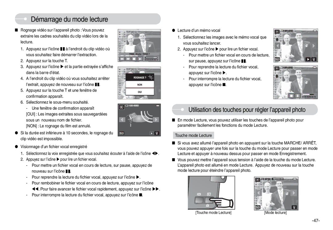 Samsung EC-L74WZBBB/FR Utilisation des touches pour régler l’appareil photo, OUI Les images extraites sous sauvegardées 