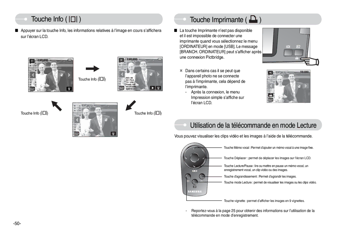 Samsung EC-L74WZSBA/DE, EC-L74WZSBA/FR, EC-L74WZSBA/E3 Touche Imprimante, Utilisation de la télécommande en mode Lecture 