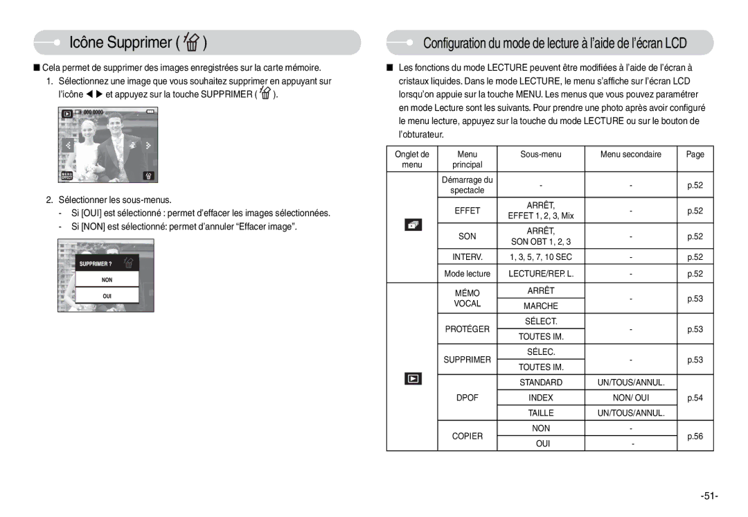 Samsung EC-L74WZSBA/E3, EC-L74WZSBA/FR manual Icône Supprimer, Configuration du mode de lecture à l’aide de l’écran LCD 