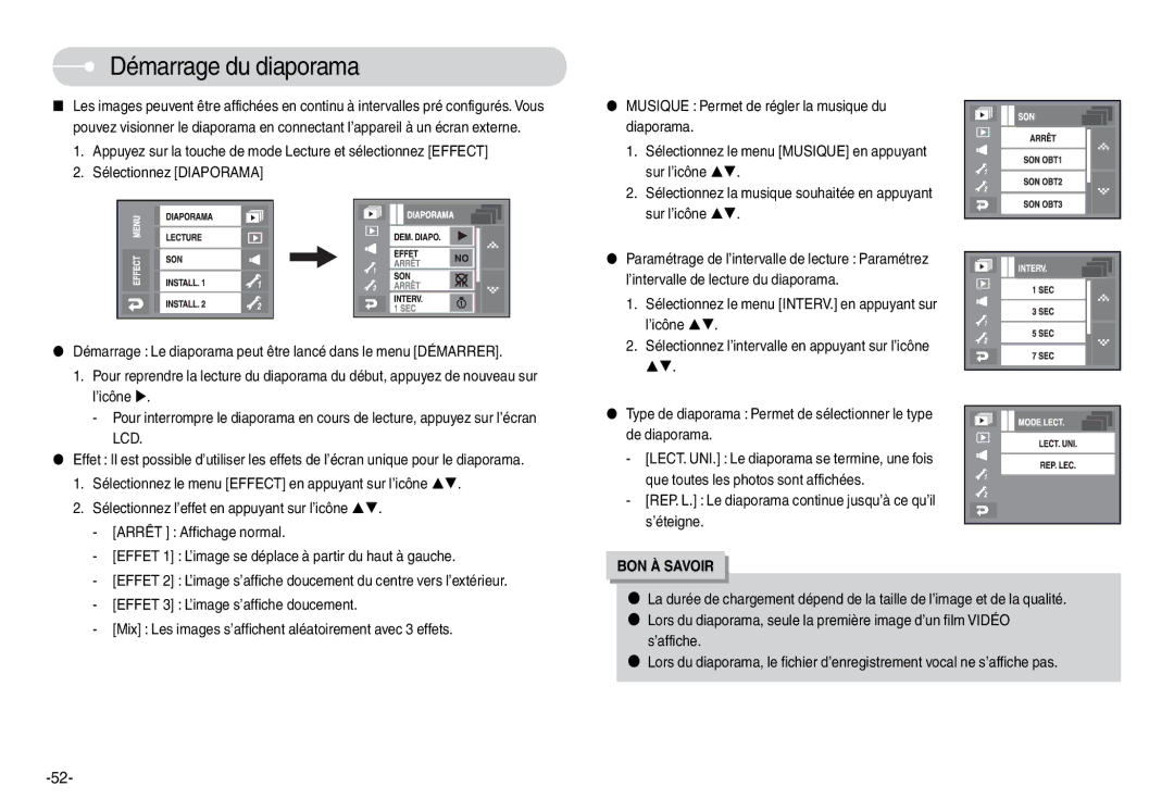 Samsung EC-L74WZSBA/E1 manual Démarrage du diaporama, Lcd, REP. L. Le diaporama continue jusqu’à ce qu’il s’éteigne 