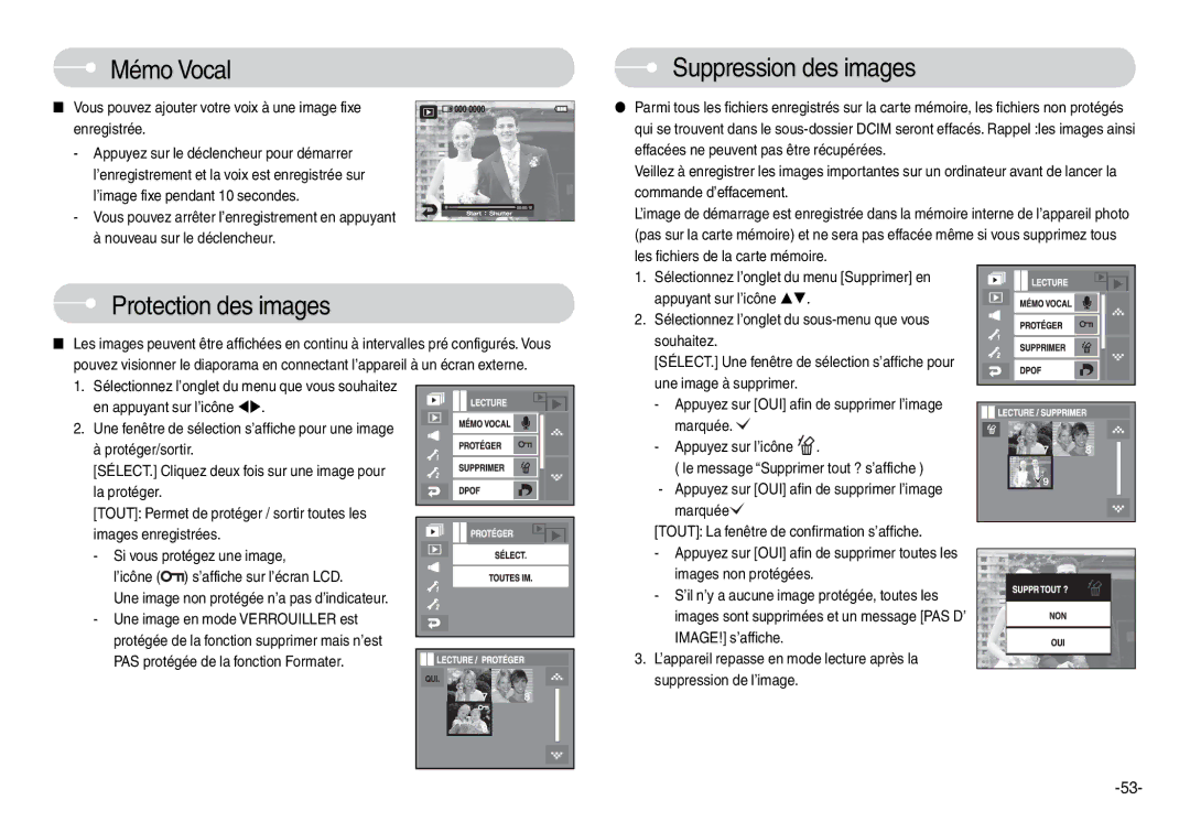 Samsung EC-L74WZBBA/DE manual Mémo Vocal, Protection des images, Suppression des images, Les fichiers de la carte mémoire 