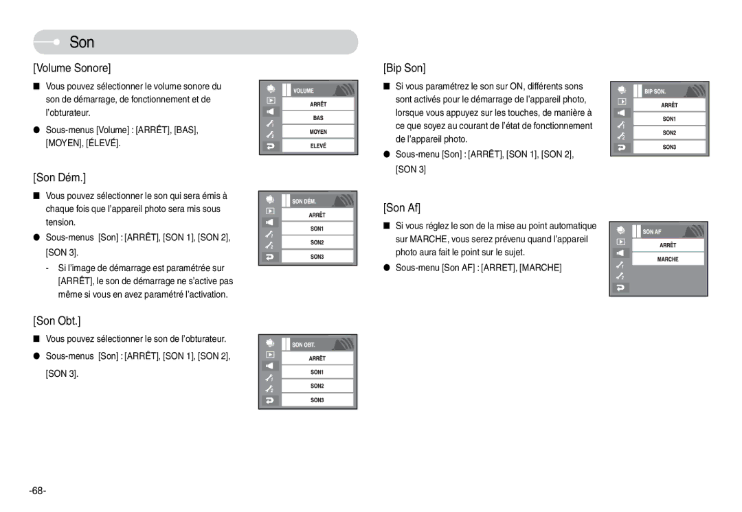 Samsung EC-L74WZSBB/FR, EC-L74WZSBA/FR, EC-L74WZSBA/DE, EC-L74WZSBA/E3, EC-L74WZSBA/E1, EC-L74WZBBA/DE, EC-L74WZBBA/E1 manual Son 