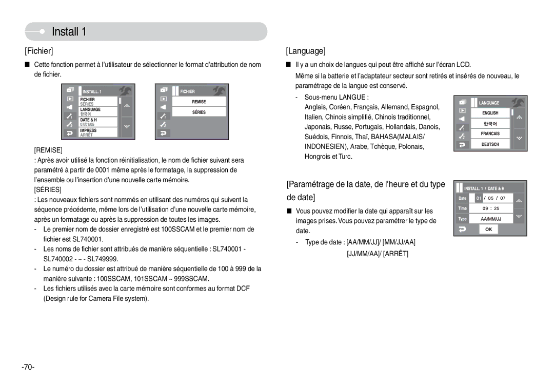 Samsung EC-L74WZSBA/DE manual Install, Fichier, Language, Paramétrage de la date, de l’heure et du type De date, Séries 