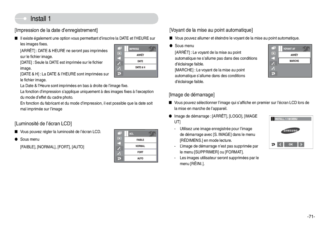 Samsung EC-L74WZSBA/E3 manual Impression de la date d’enregistrement, Luminosité de l’écran LCD, Image de démarrage 