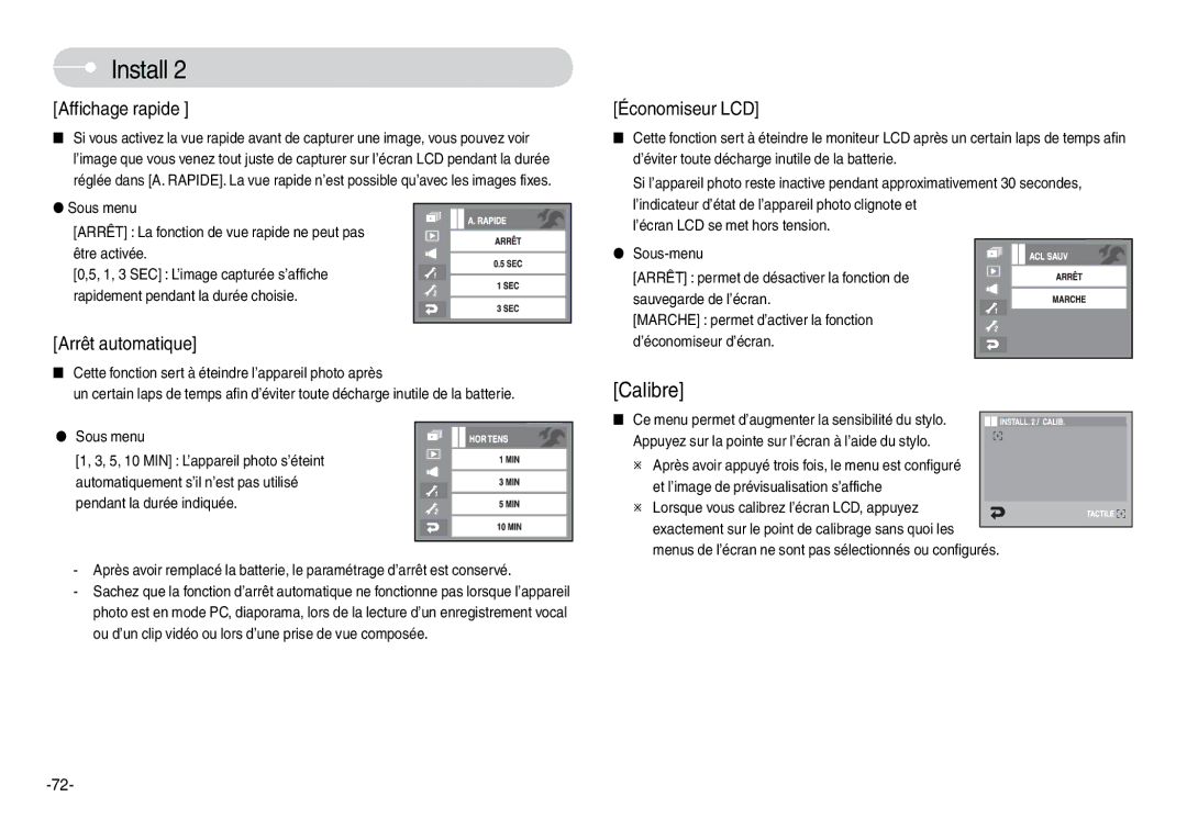 Samsung EC-L74WZSBA/E1, EC-L74WZSBA/FR, EC-L74WZSBA/DE, EC-L74WZSBA/E3 Affichage rapide, Arrêt automatique, Économiseur LCD 