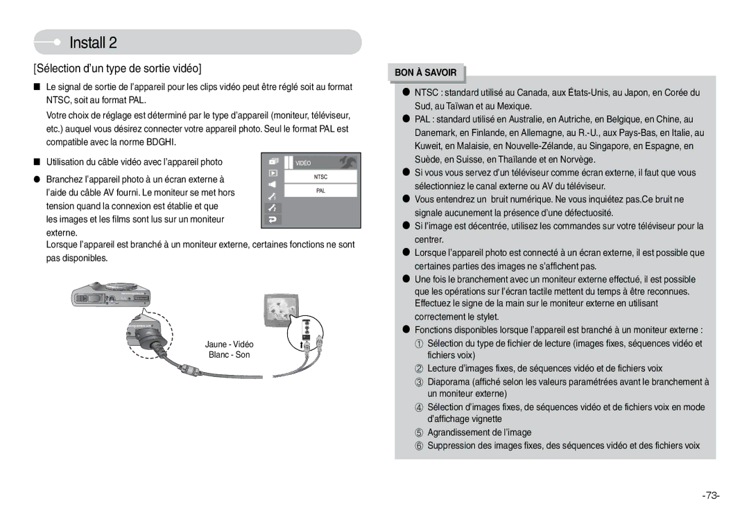 Samsung EC-L74WZBBA/DE manual Sélection d’un type de sortie vidéo, Utilisation du câble vidéo avec l’appareil photo 