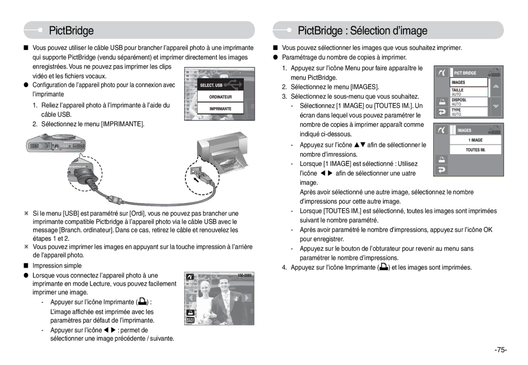 Samsung EC-L74WZBBA/E3, EC-L74WZSBA/FR, EC-L74WZSBA/DE, EC-L74WZSBA/E3, EC-L74WZSBA/E1 manual PictBridge Sélection d’image 