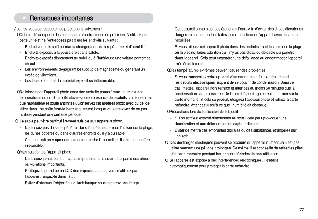 Samsung EC-L74WZBBB/FR, EC-L74WZSBA/FR manual Remarques importantes, Assurez-vous de respecter les précautions suivantes 