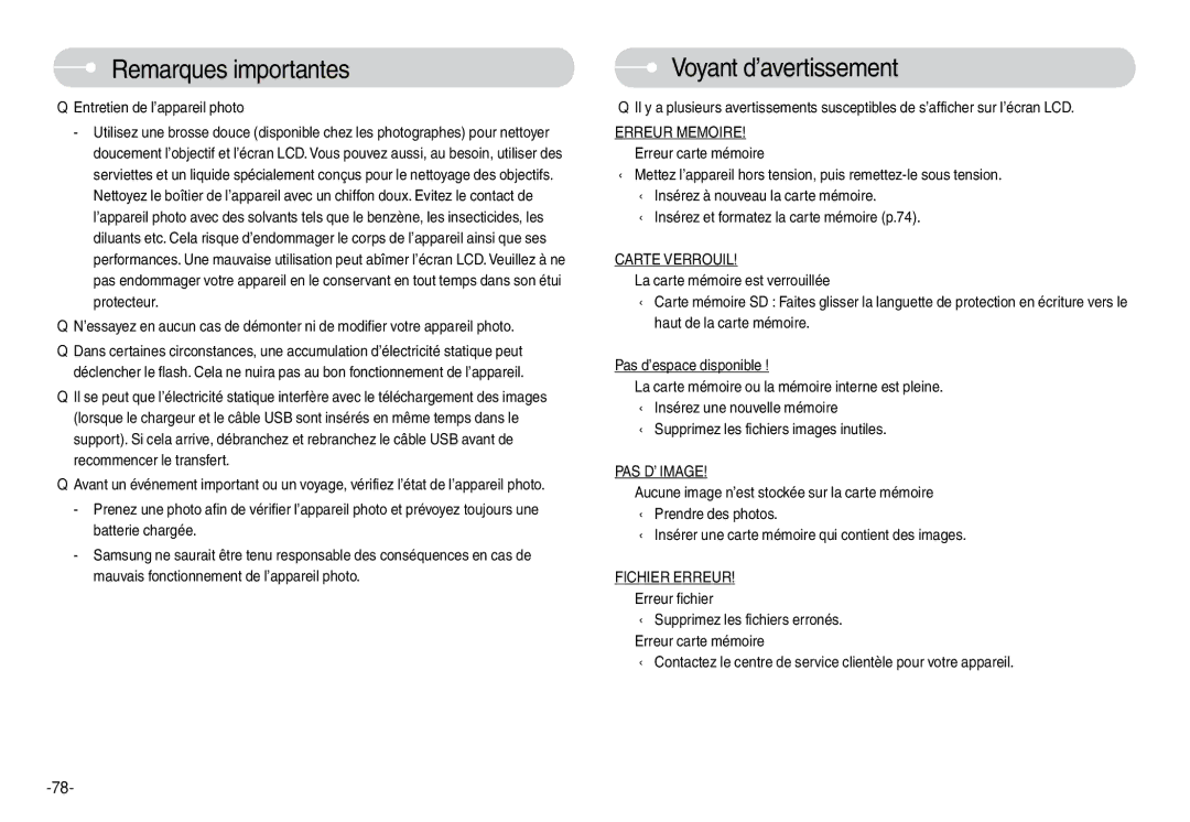 Samsung EC-L74WZSBB/FR manual Voyant d’avertissement, Erreur Memoire, Carte Verrouil, PAS D’ Image, Fichier Erreur 