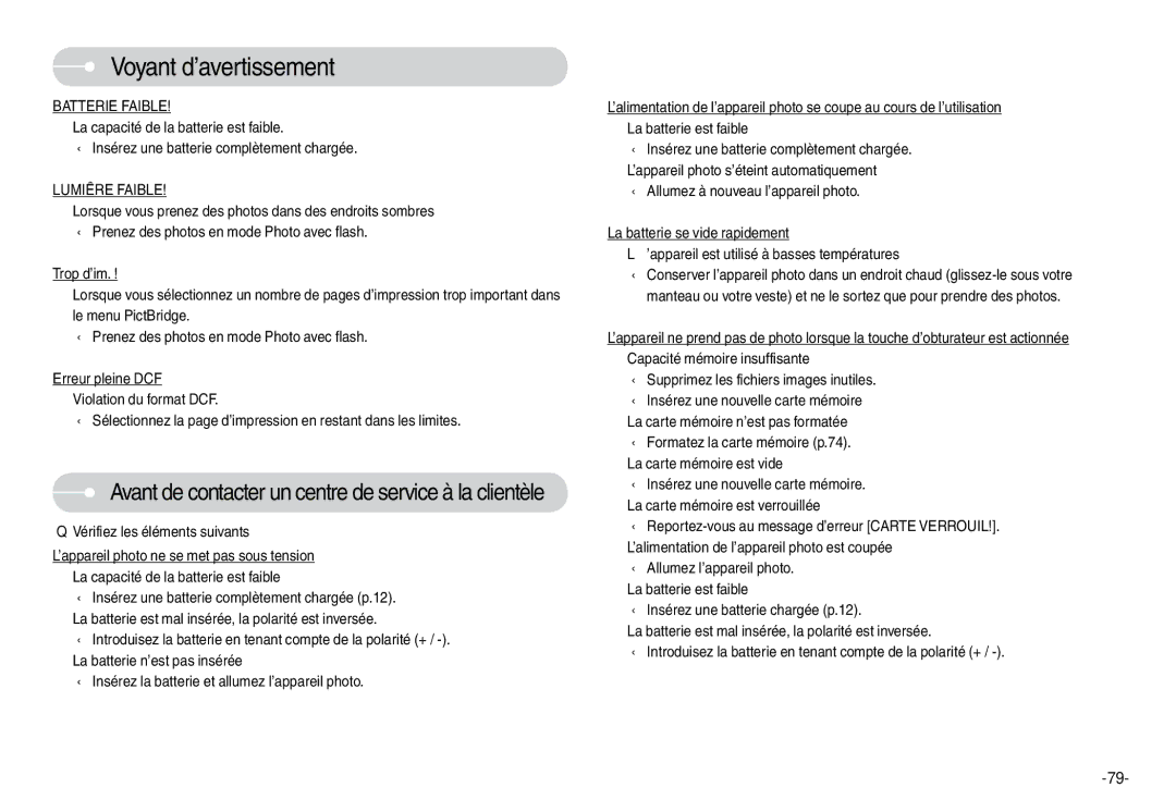 Samsung EC-L74WZSBA/FR, EC-L74WZSBA/DE, EC-L74WZSBA/E3, EC-L74WZSBA/E1, EC-L74WZBBA/DE manual Batterie Faible, Lumiêre Faible 