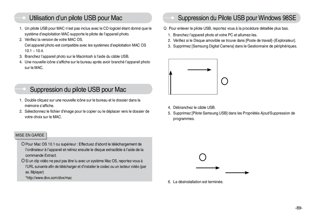 Samsung EC-L74WZSBA/FR, EC-L74WZSBA/DE manual Utilisation d’un pilote USB pour Mac, Suppression du pilote USB pour Mac 