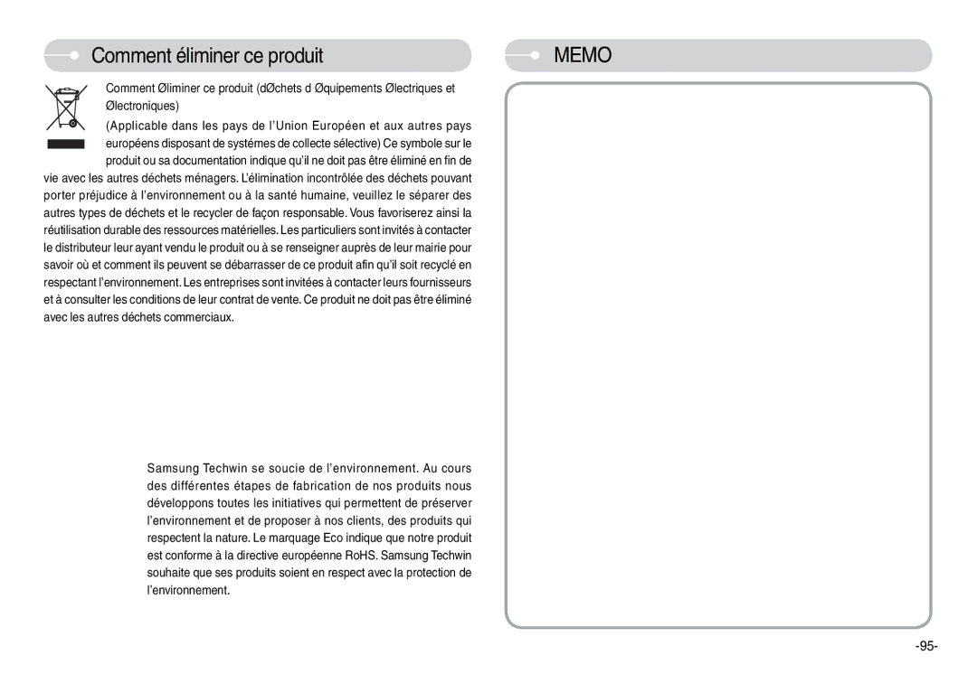 Samsung EC-L74WZBBA/E3, EC-L74WZSBA/FR, EC-L74WZSBA/DE, EC-L74WZSBA/E3, EC-L74WZSBA/E1 manual Comment éliminer ce produit, Memo 