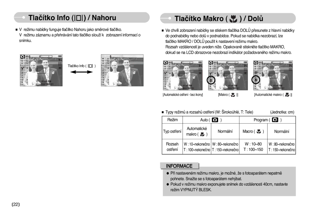 Samsung EC-L77ZZBBA/DE manual Tlaãítko Info / Nahoru, Tlaãítko Makro / DolÛ 