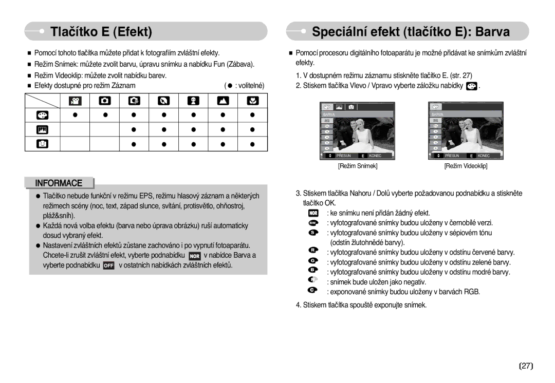 Samsung EC-L77ZZBBA/DE manual Tlaãítko E Efekt, Speciální efekt tlaãítko E Barva 