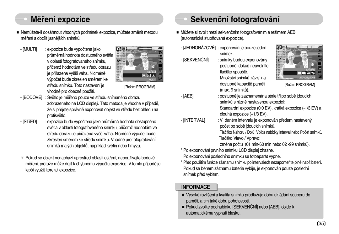 Samsung EC-L77ZZBBA/DE manual Mûﬁení expozice, Sekvenãní fotografování, Multi, Interval 