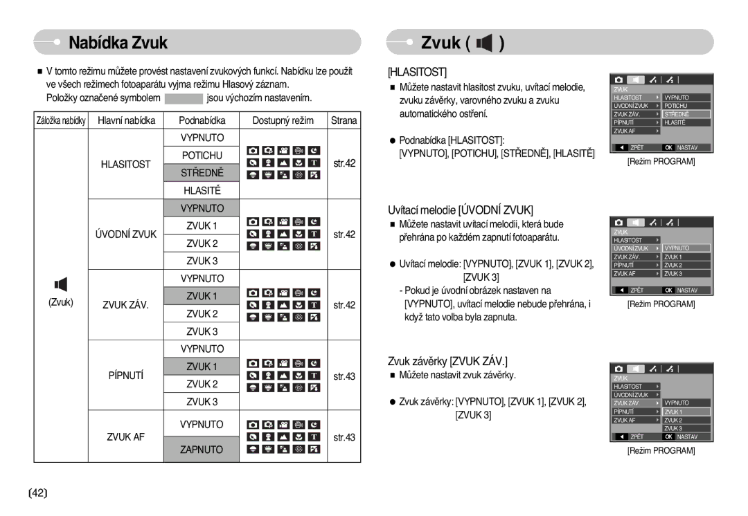 Samsung EC-L77ZZBBA/DE manual Nabídka Zvuk 