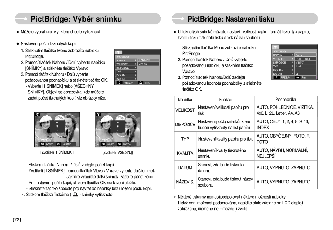 Samsung EC-L77ZZBBA/DE manual PictBridge V˘bûr snímku, PictBridge Nastavení tisku 