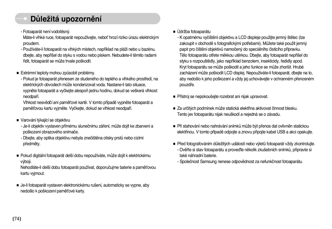 Samsung EC-L77ZZBBA/DE manual DÛleÏitá upozornûní 