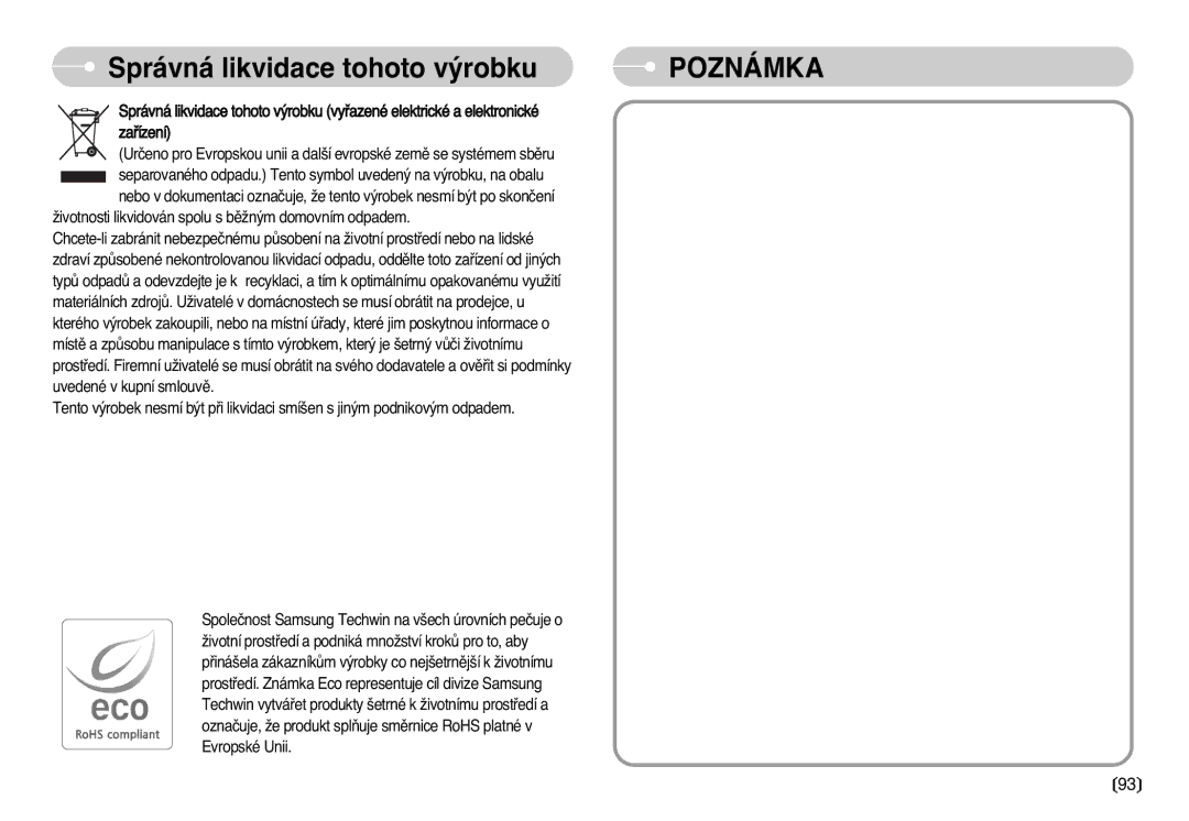 Samsung EC-L77ZZBBA/DE manual Správná likvidace tohoto v˘robku, Poznámka 