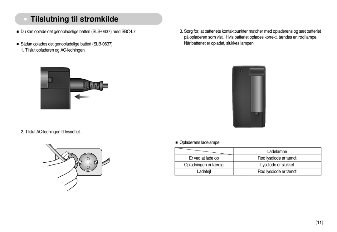 Samsung EC-L77ZZBBA/E1, EC-L77ZZBBA/DE manual Tilslutning til strømkilde 