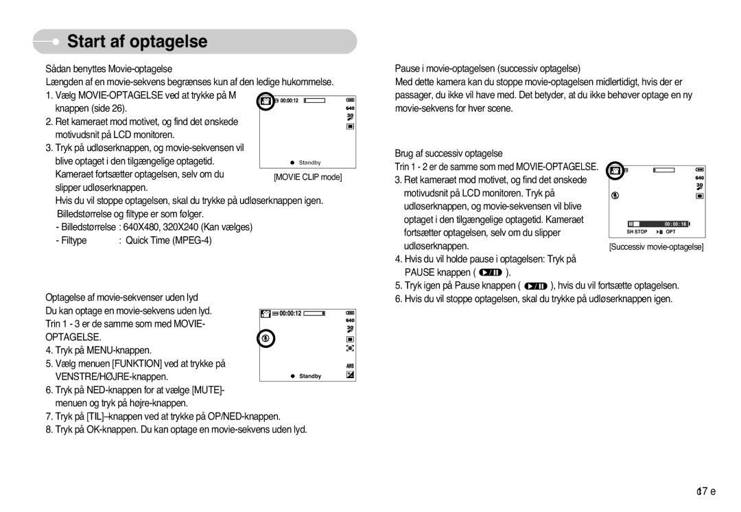 Samsung EC-L77ZZBBA/E1, EC-L77ZZBBA/DE manual Optagelse 