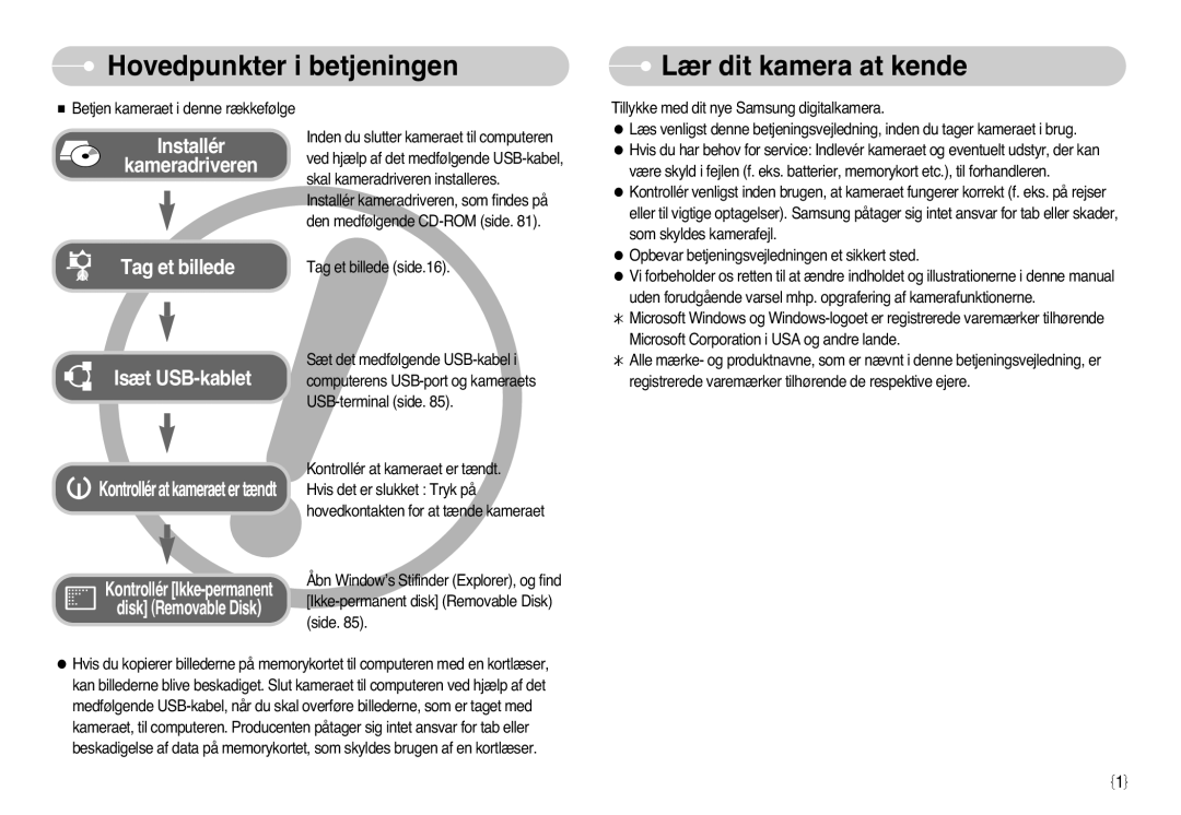 Samsung EC-L77ZZBBA/E1, EC-L77ZZBBA/DE manual Hovedpunkter i betjeningen Lær dit kamera at kende 