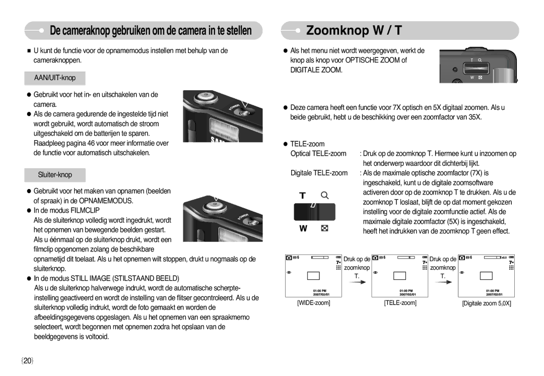 Samsung EC-L77ZZBBA/DE, EC-L77ZZBBA/E1 manual Zoomknop W / T, Digitale Zoom 