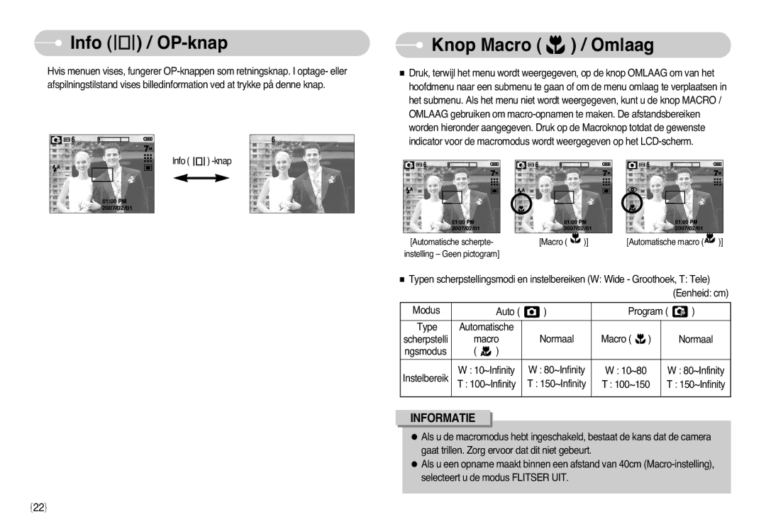 Samsung EC-L77ZZBBA/DE, EC-L77ZZBBA/E1 manual Info OP-knap Knop Macro Omlaag 