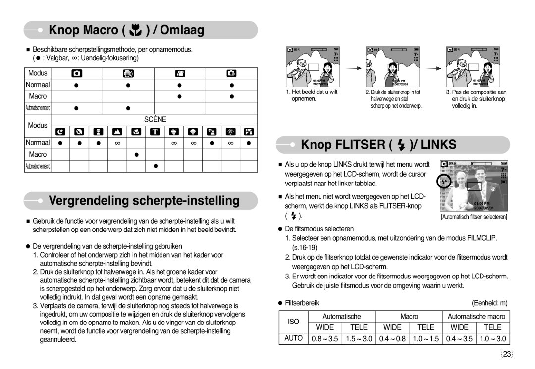 Samsung EC-L77ZZBBA/E1 manual Knop Macro / Omlaag, Vergrendeling scherpte-instelling, Knop Flitser / Links, Scène, Auto 