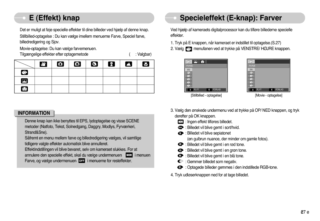 Samsung EC-L77ZZBBA/E1, EC-L77ZZBBA/DE manual Effekt knap, Specieleffekt E-knap Farver 