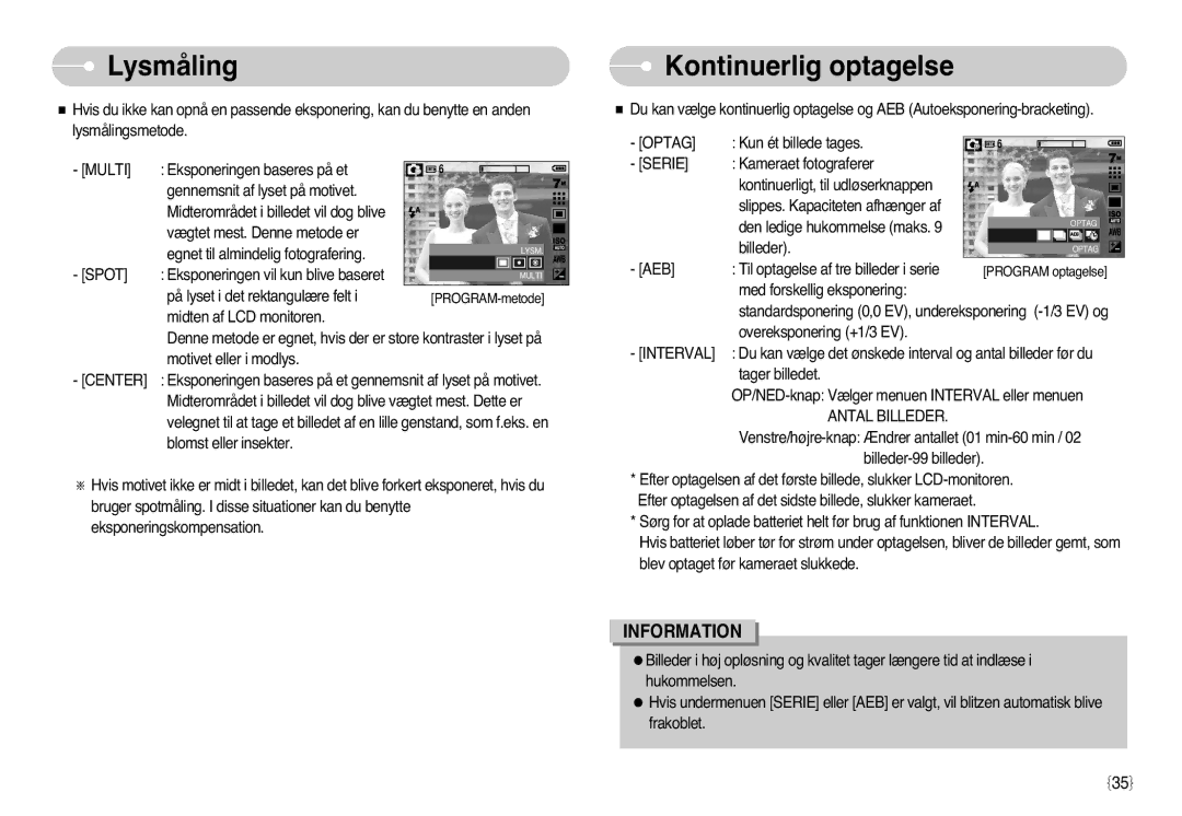 Samsung EC-L77ZZBBA/E1, EC-L77ZZBBA/DE manual Lysmåling, Kontinuerlig optagelse 