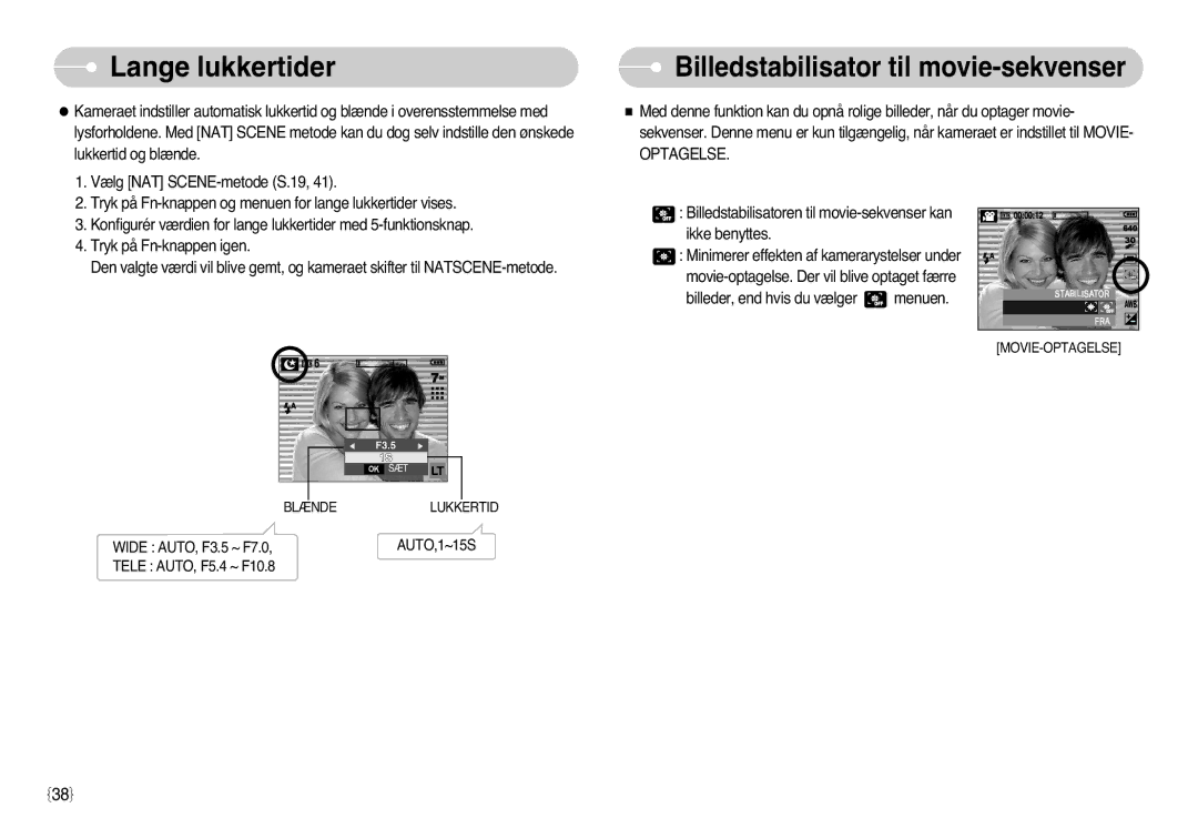 Samsung EC-L77ZZBBA/DE, EC-L77ZZBBA/E1 manual Lange lukkertider, Billedstabilisator til movie-sekvenser 