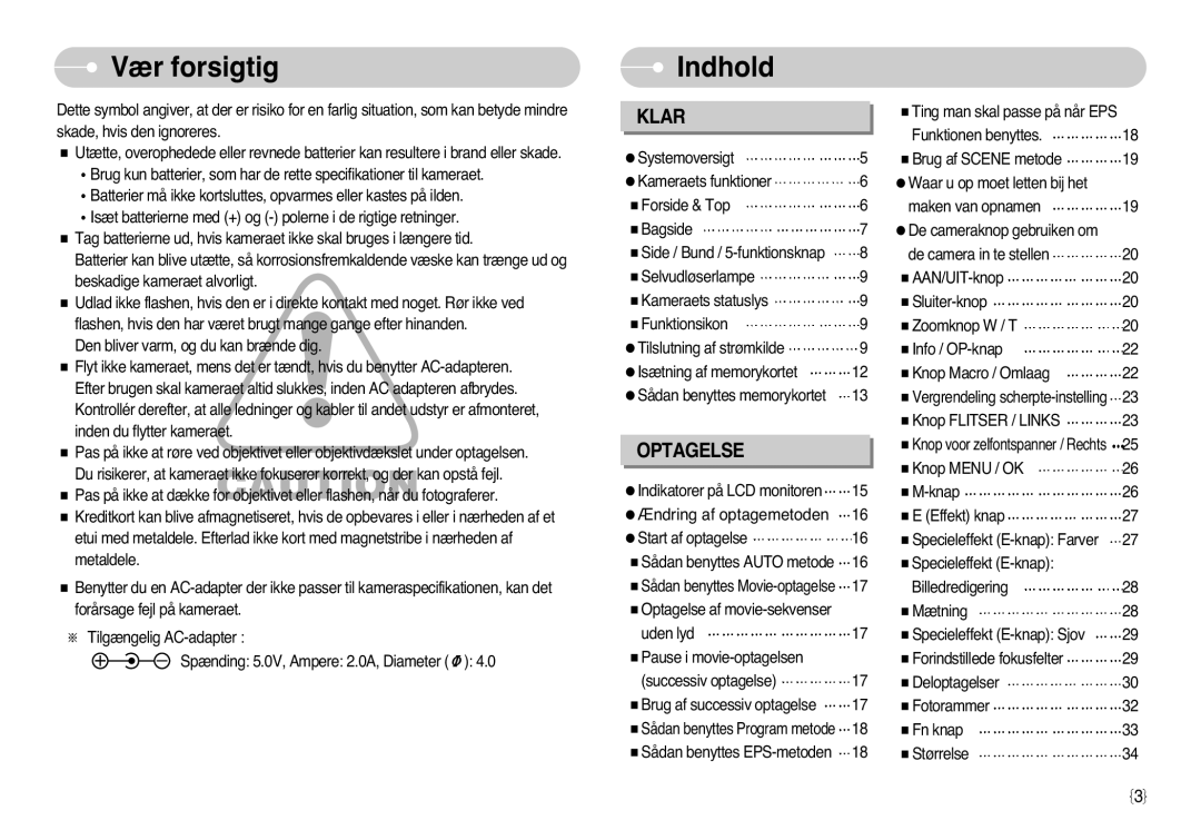 Samsung EC-L77ZZBBA/E1, EC-L77ZZBBA/DE manual Vær forsigtig, Indhold 