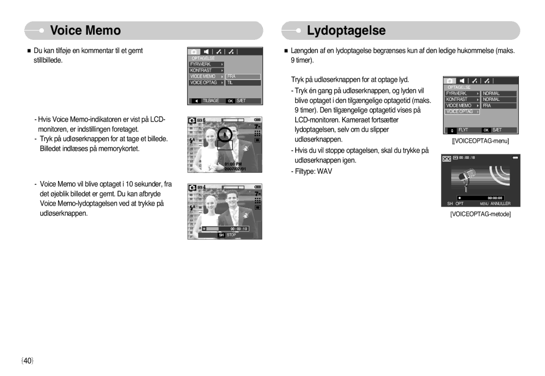 Samsung EC-L77ZZBBA/DE, EC-L77ZZBBA/E1 manual Voice Memo, Lydoptagelse 