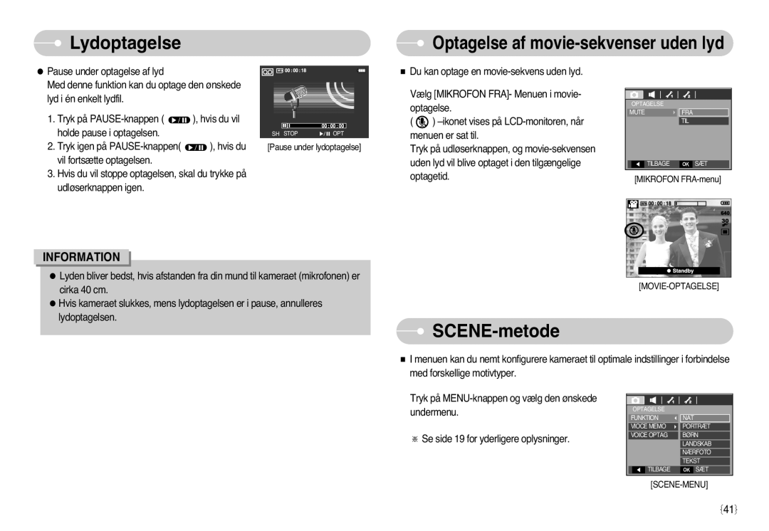 Samsung EC-L77ZZBBA/E1, EC-L77ZZBBA/DE manual SCENE-metode, Optagelse af movie-sekvenser uden lyd 