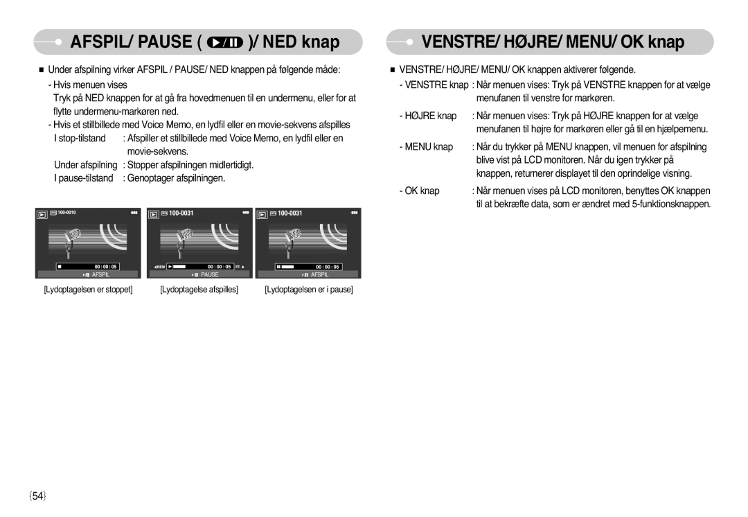 Samsung EC-L77ZZBBA/DE, EC-L77ZZBBA/E1 manual AFSPIL/ Pause / NED knap, VENSTRE/ HØJRE/ MENU/ OK knap 