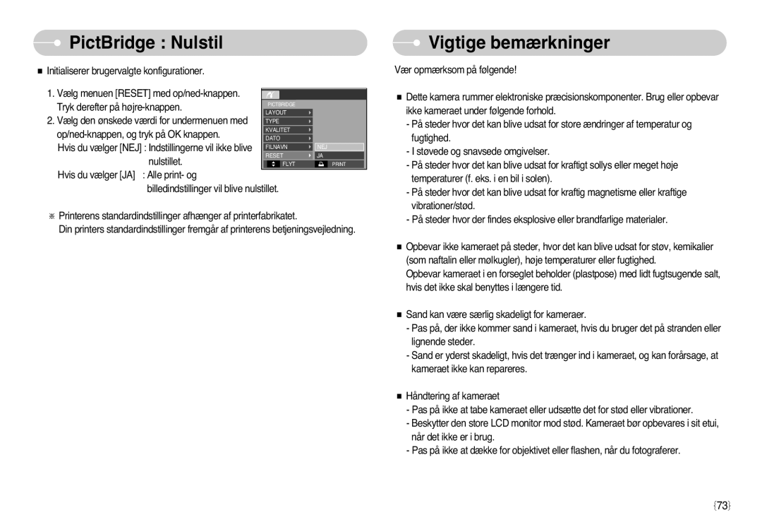 Samsung EC-L77ZZBBA/E1, EC-L77ZZBBA/DE manual PictBridge Nulstil, Vigtige bemærkninger 