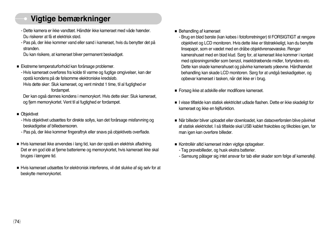 Samsung EC-L77ZZBBA/DE, EC-L77ZZBBA/E1 manual Vigtige bemærkninger 