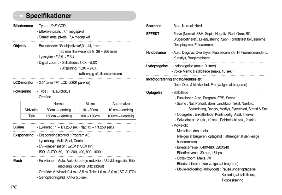 Samsung EC-L77ZZBBA/DE, EC-L77ZZBBA/E1 manual Specifikationer, Fokusering 