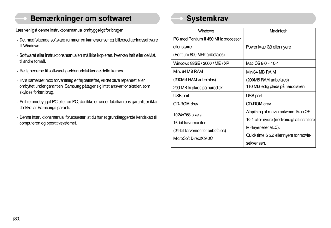 Samsung EC-L77ZZBBA/DE, EC-L77ZZBBA/E1 manual Bemærkninger om softwaret, Systemkrav 