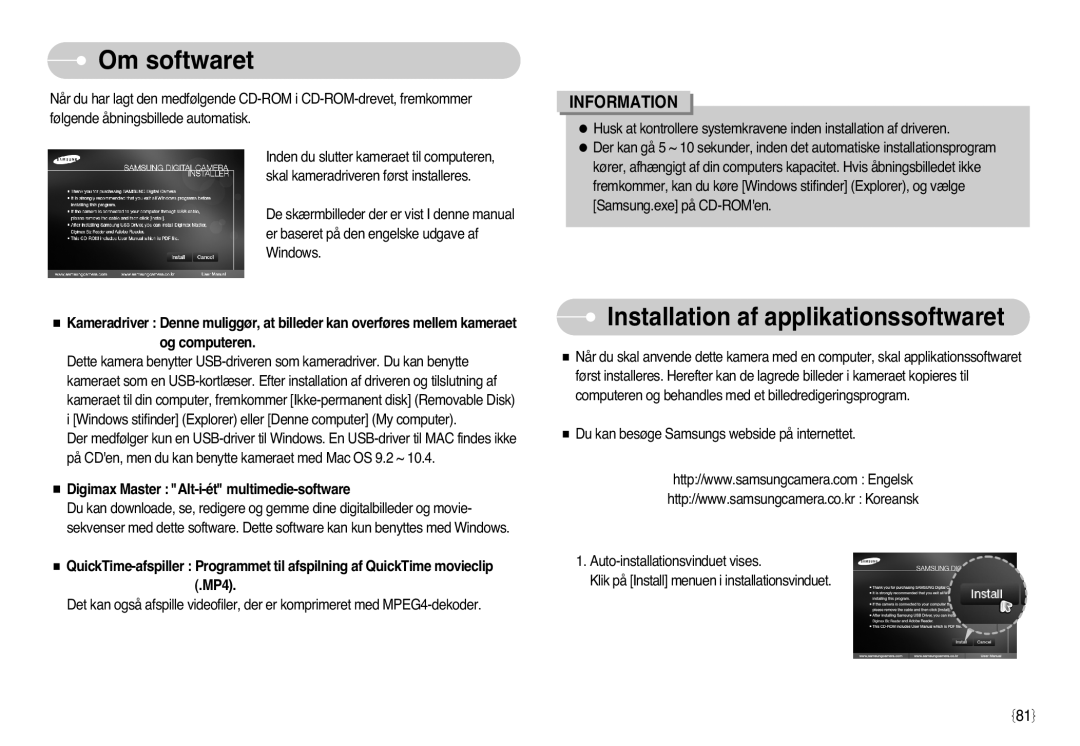 Samsung EC-L77ZZBBA/E1, EC-L77ZZBBA/DE manual Om softwaret, Installation af applikationssoftwaret 